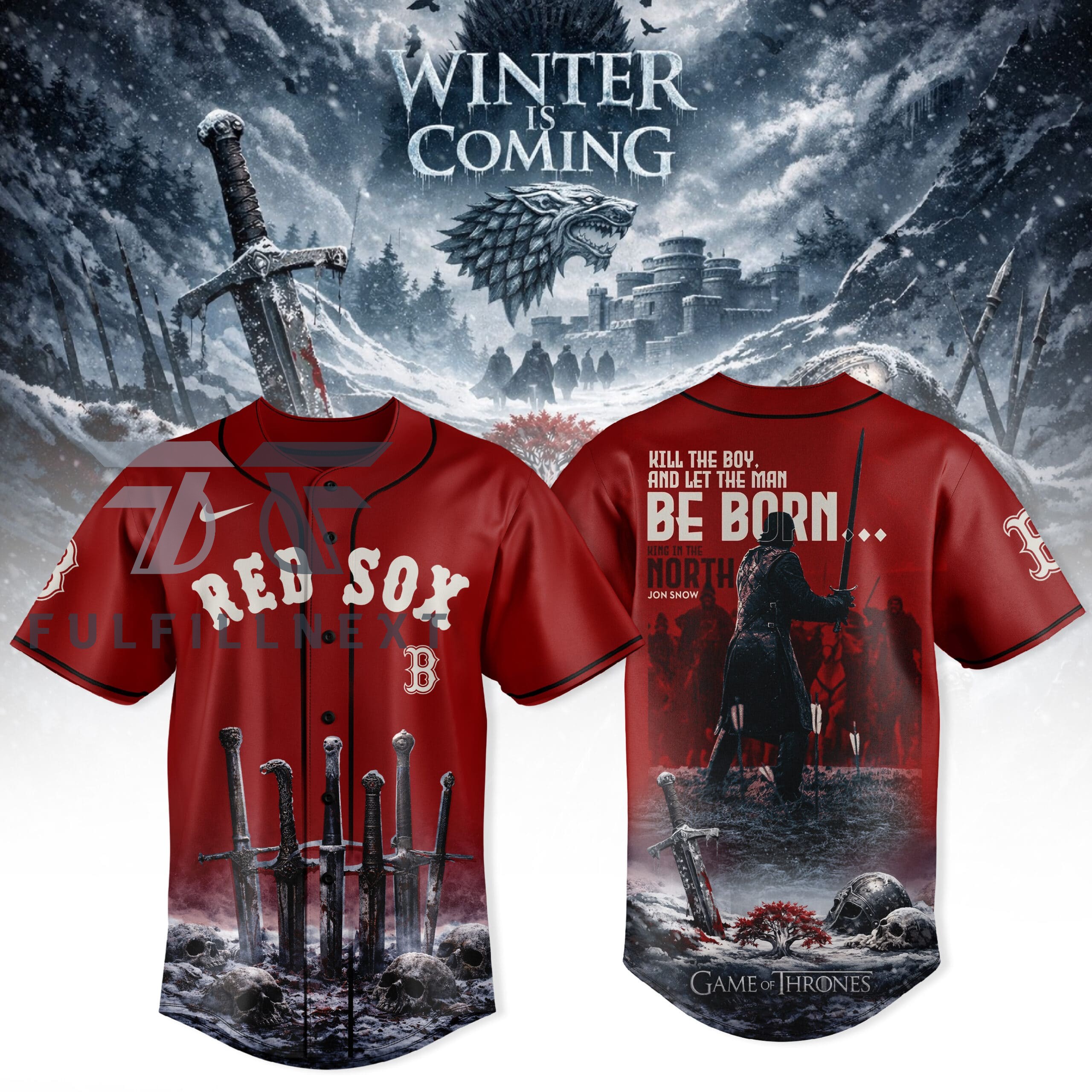 MLB All Team x Game of Thrones Winter Is Coming Jon Snow Baseball Jersey - Front View